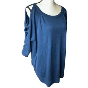 Express Blue Cold Shoulder Sweater Women Large Lattice Sleeve Scoop Neck